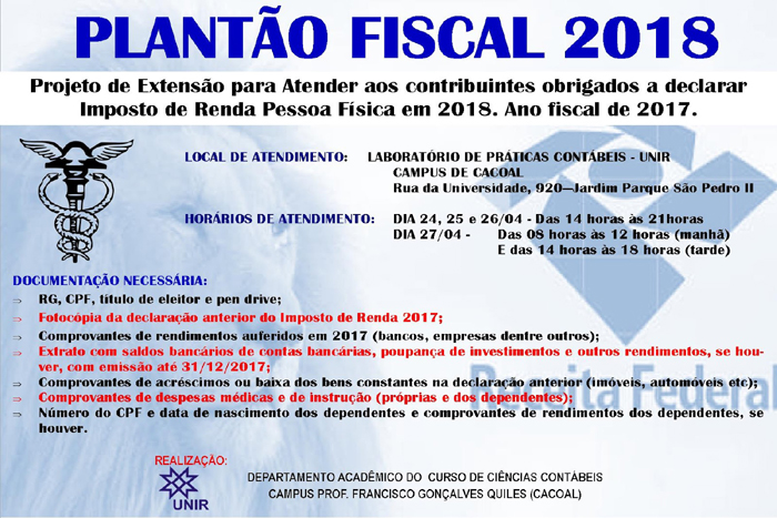 Campus de Cacoal – UNIR realiza atendimento aos contribuintes no Plantão Fiscal IRPF 2018