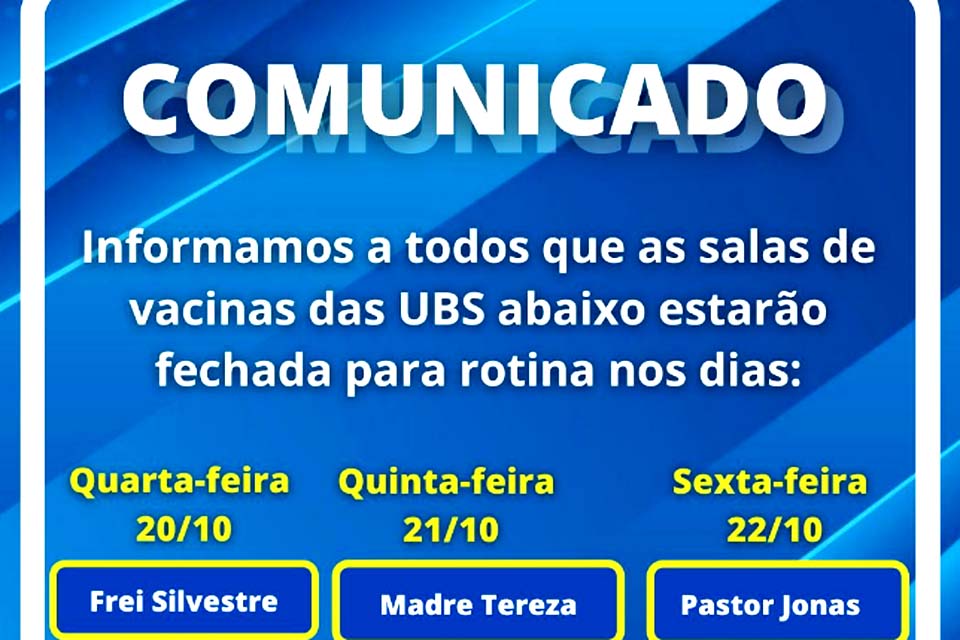 Semsau informa datas em que salas para vacinação de rotina das UBSs estarão fechadas