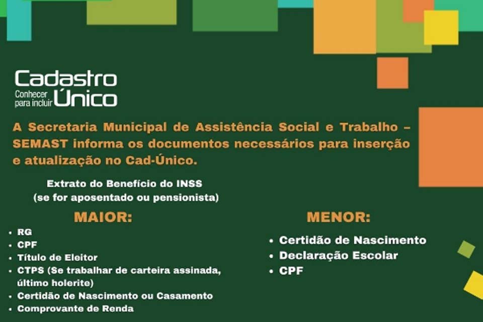 CAD-ÚNICO: Confira documentos necesários para inserção e atualização no programa