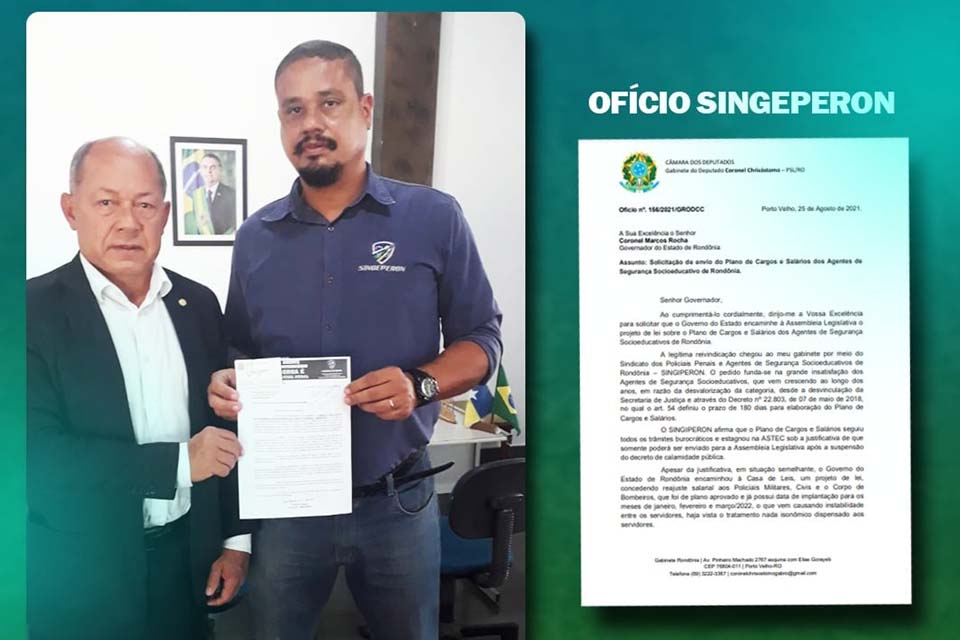 Deputado Coronel Chrisóstomo se reúne com representante do SINGEPERON para tratar do Plano de Cargos e Salários da categoria