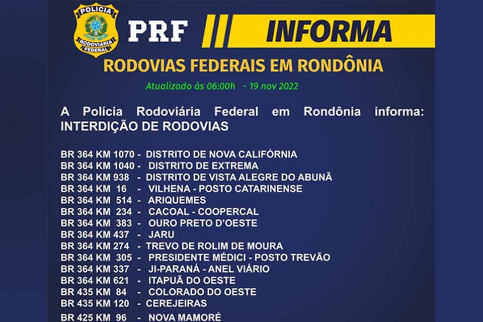 PRF em Rondônia confirma 15 pontos de interdição em rodovias do estado neste sábado