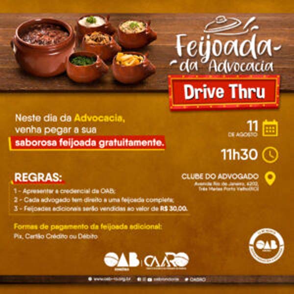 Feijoada “drive thru” em comemoração ao Dia da Advocacia acontece na próxima semana