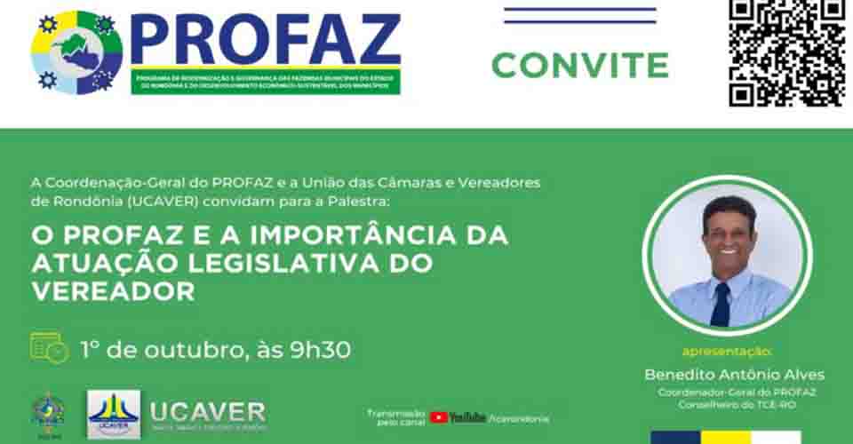 O Profaz e a importância da atuação legislativa do vereador são tema de “live” na sexta-feira (1º/10), às 9h30 