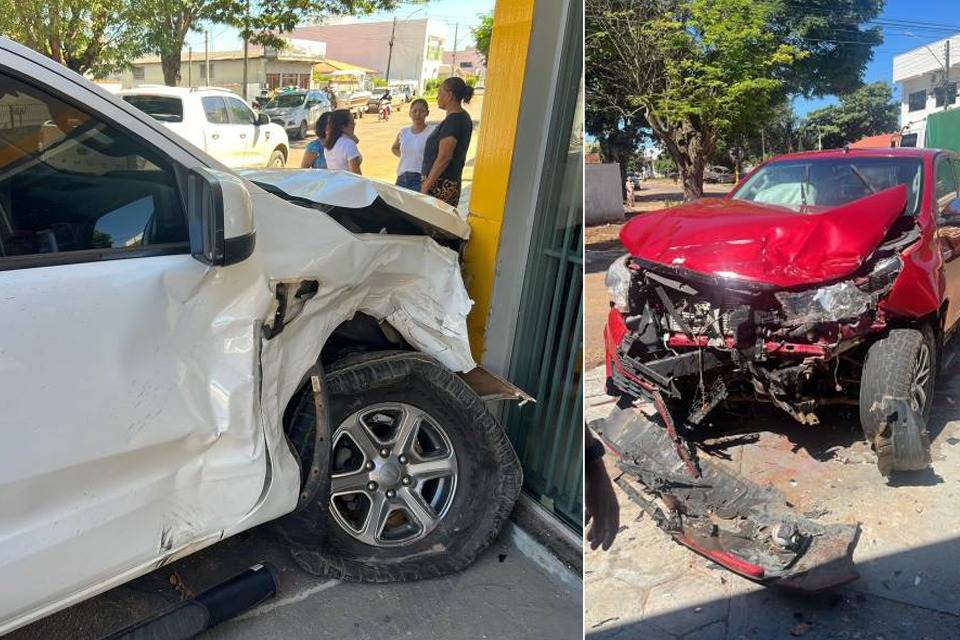 Caminhonetes ficam destruídas após colisão no centro de Vilhena