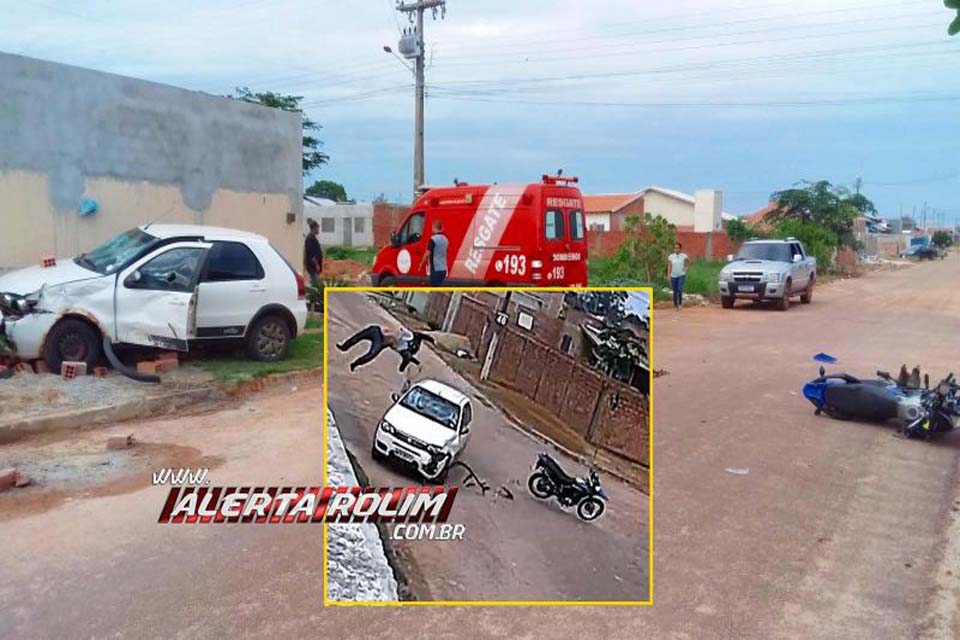 Motociclista é arremessado após batida com carro em Rolim de Moura