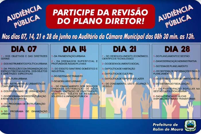 Rolim de Moura – Ciclos de Audiências Públicas para revisão do Plano Diretor iniciam nesta quinta-feira, 07
