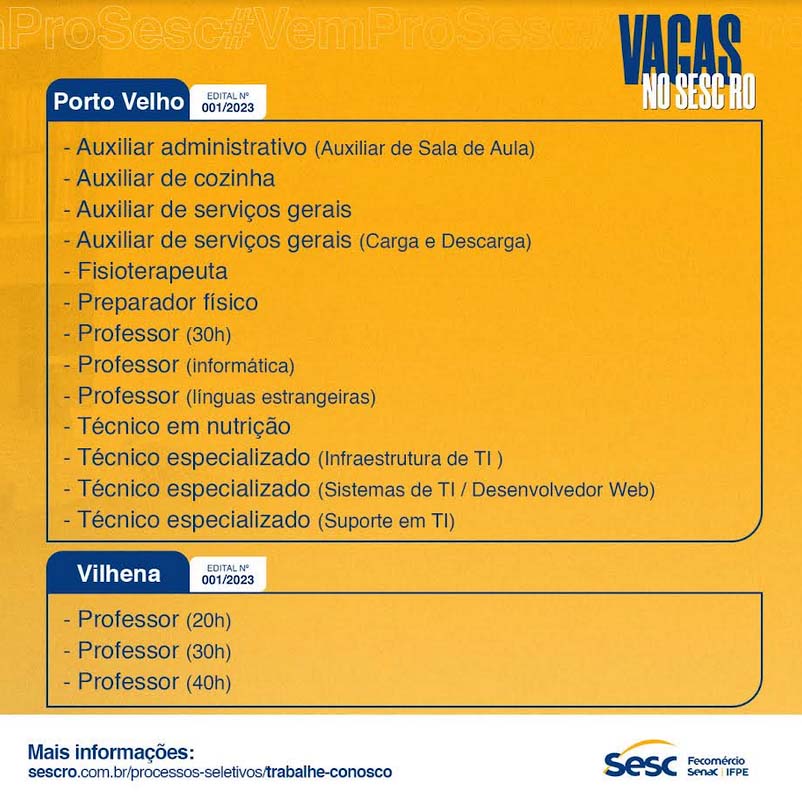 Sesc Rondônia abre processo seletivo para 29 cargos da instituição