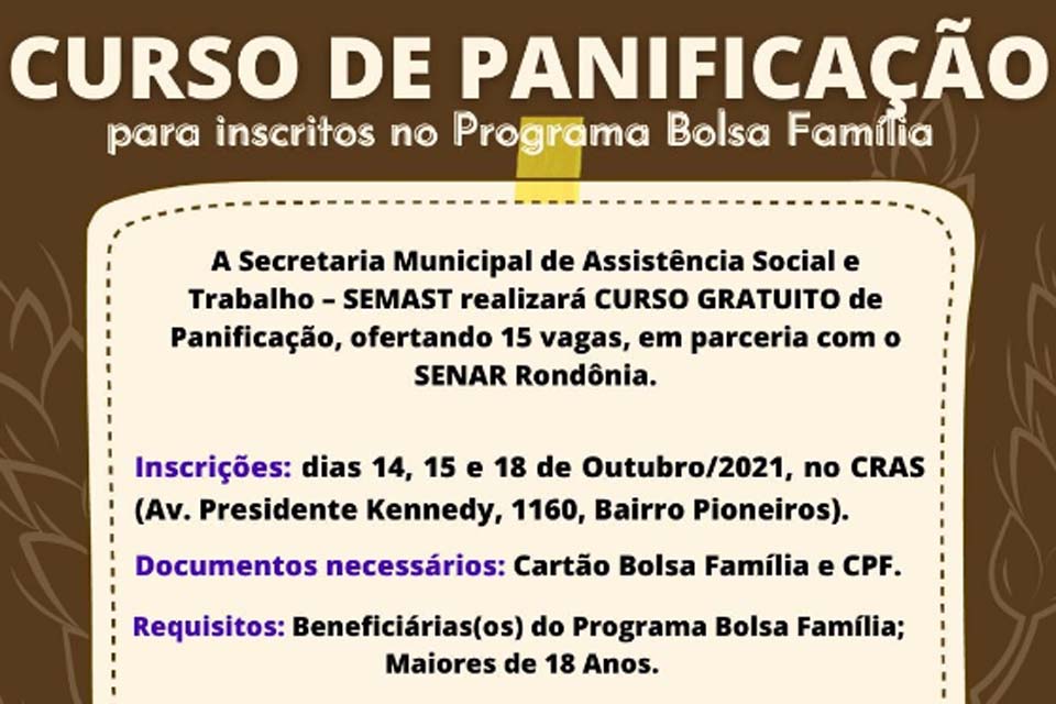 Prefeitura realiza curso de panificação gratuito para inscritos no programa bolsa família