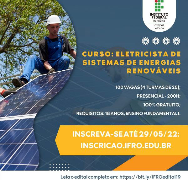 Inscrições abertas para o curso “Eletricista de Sistemas de Energias Renováveis” no Campus Vilhena