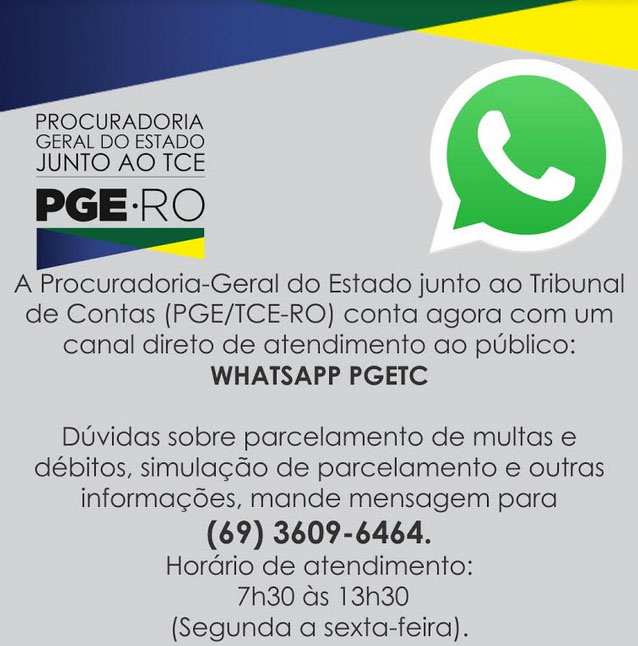 PGE/TCE-RO atende pelo WhatsApp de segunda a sexta, das 7h30 às 13h30