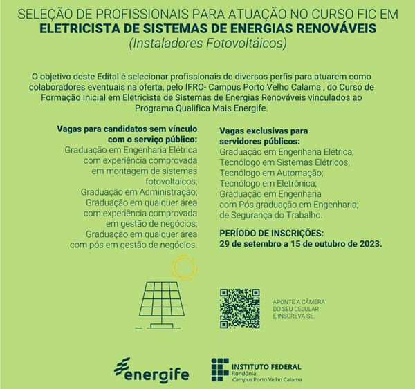 IFRO Calama seleciona profissionais para atuar em curso de Eletricista de Sistemas de Energias Renováveis