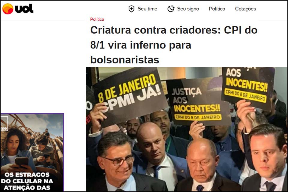 Reportagem veiculada pelo UOL usa imagem de Coronel Chrisóstomo para ilustrar que a CPI do 08 de Janeiro virou ‘’inferno’’ para bolsonaristas