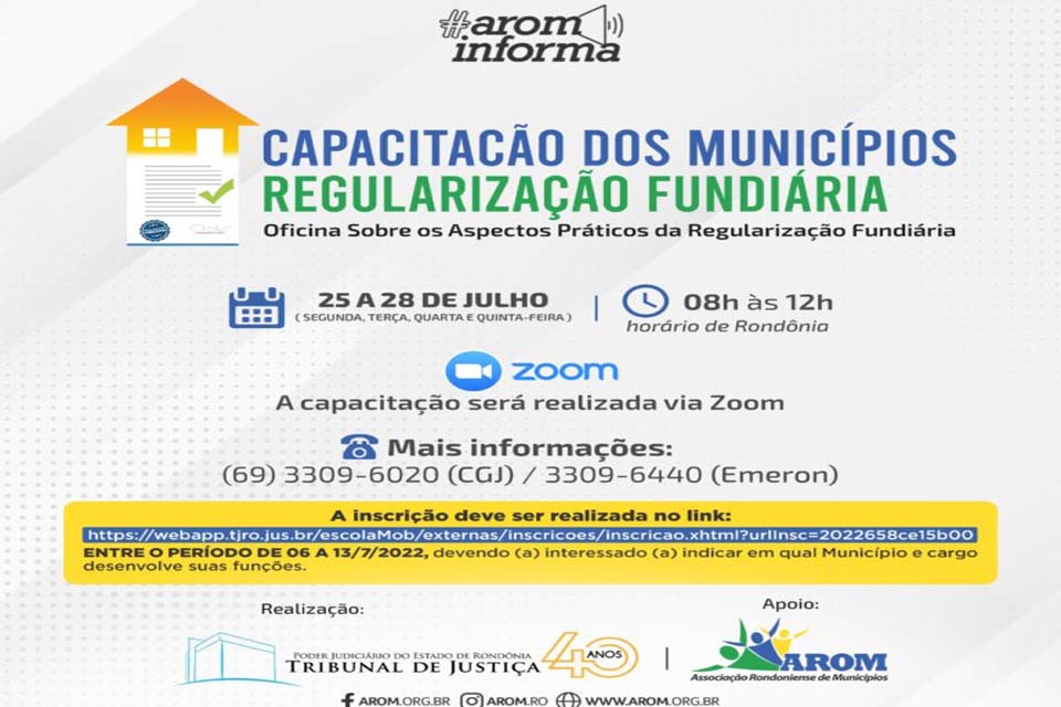 Capacitação para os Municípios sobre Regularização Fundiária será realizada nos dias 25 a 28 de julho