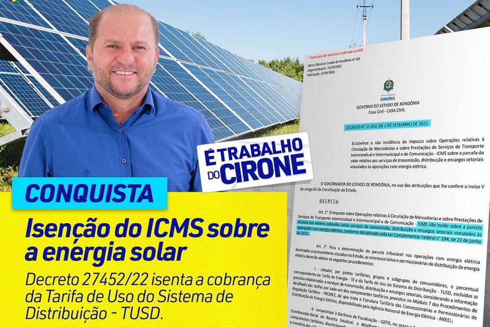 Publicação de decreto que isenta a cobrança de Tarifa sobre Energia Solar é proposta apresentada pelo deputado Cirone Deiró