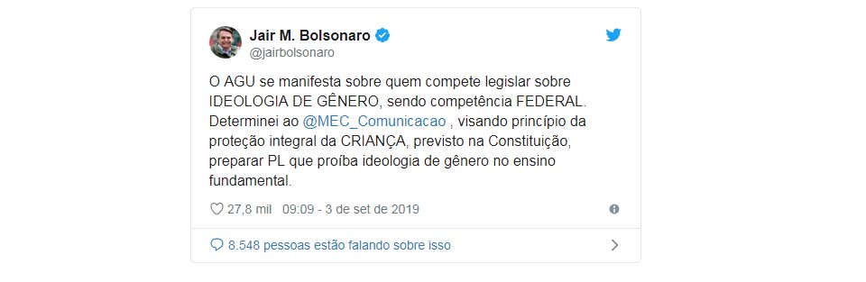 Bolsonaro pede ao MEC projeto para proibir 'ideologia de gênero'