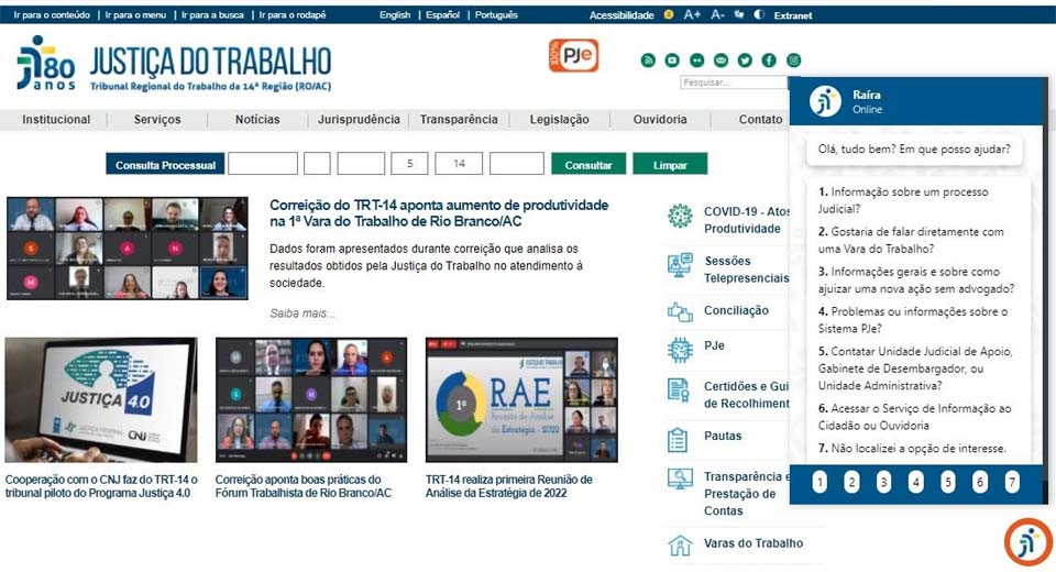 Tribunal Regional do Trabalho 14ª Região lança assistente virtual Raíra para atendimento a usuários 