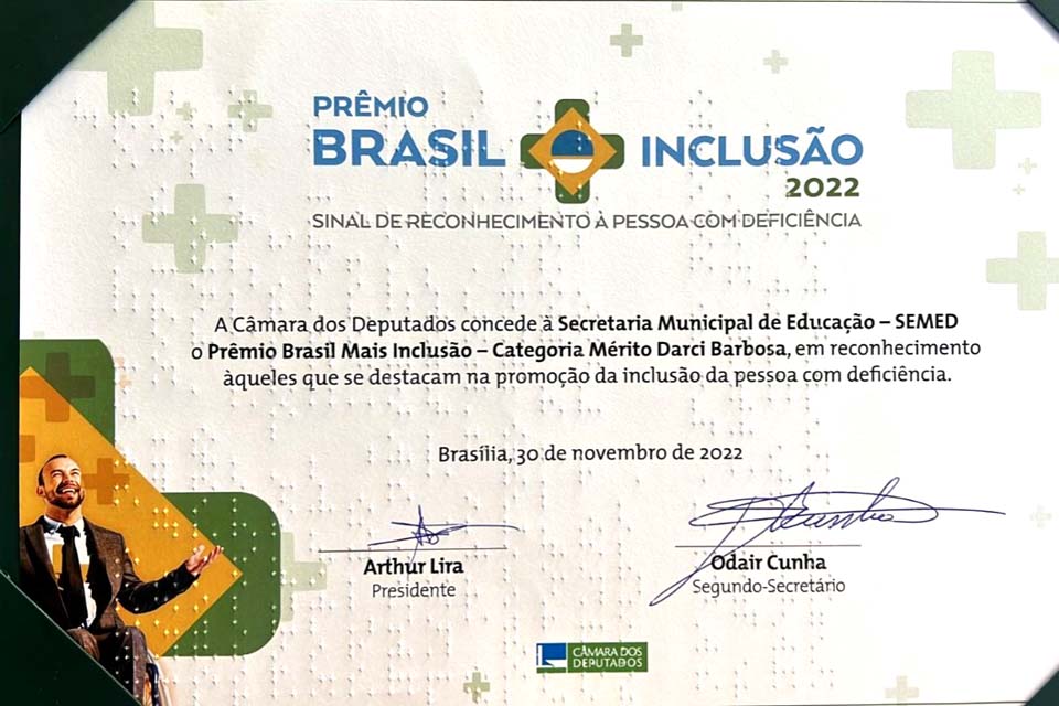 Prefeitura de Porto Velho recebe Prêmio Brasil Mais Inclusão por qualidade das ações na educação especial