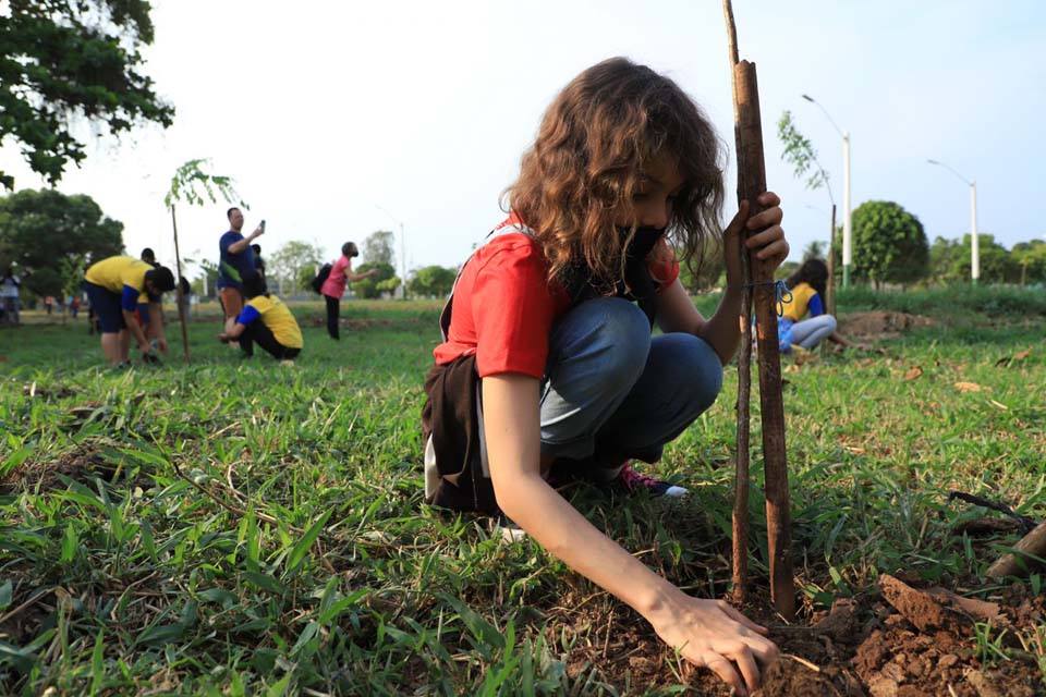 Em Porto Velho, estudantes plantam mudas no Parque Jardim das Mangueiras no Dia da Árvore