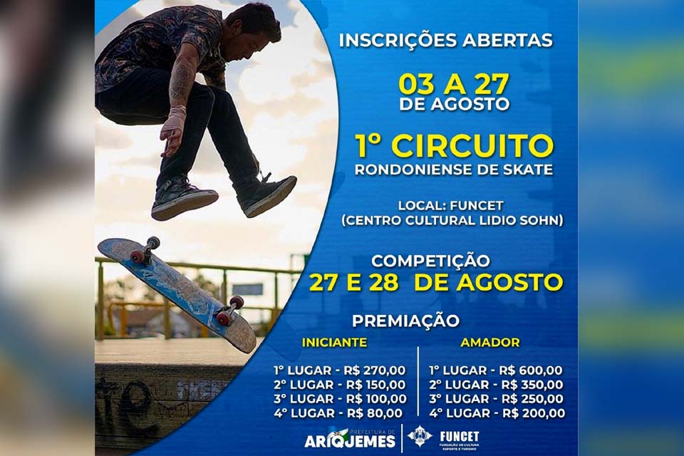 Funcet abre inscrições para o 1º Circuito Rondoniense de Skate em Ariquemes