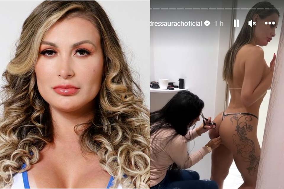 Andressa Urach faz topless e encara bronzeamento artificial com biquíni de fita