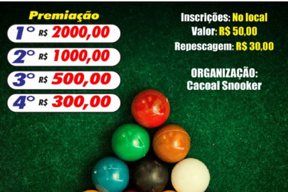 2º Torneio de Sinuca acontece dia 22 de junho na Estância Turística de Ouro Preto do Oeste