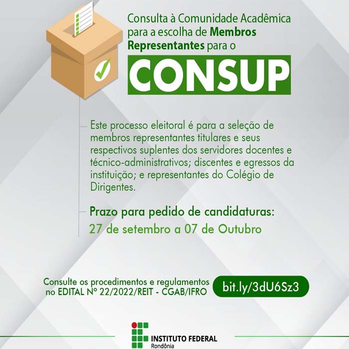 Prazo de registro de candidaturas para representantes e suplentes do Conselho Superior do IFRO vai até dia 7/10