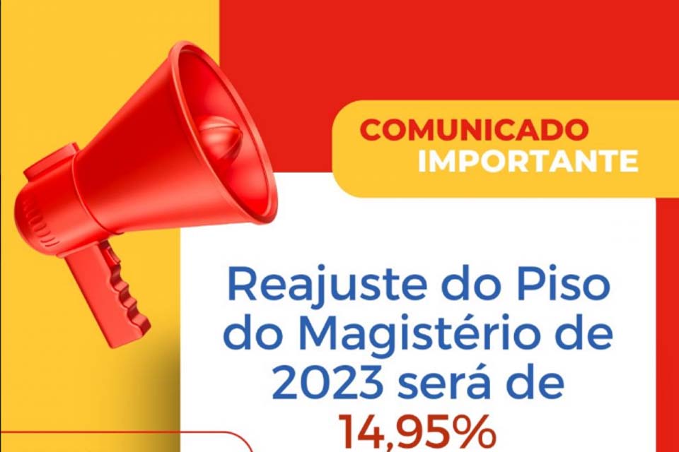 Reajuste do Piso do Magistério de 2023 será de 14,95%;  ou seja, terá o valor de R$4.420,36