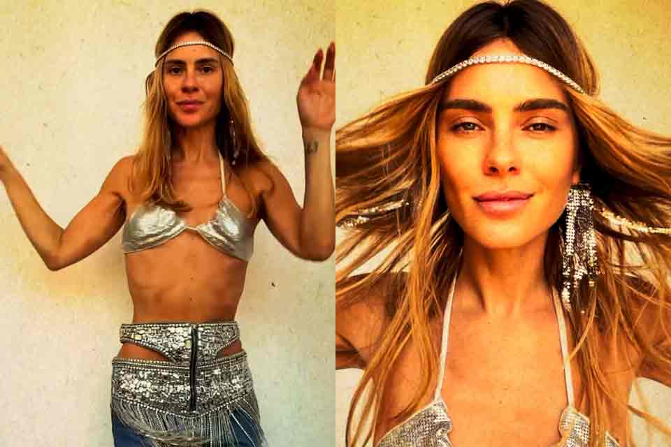 Carol Dieckmann surge com look de carnaval e ignora críticas: “Bora brilhar”