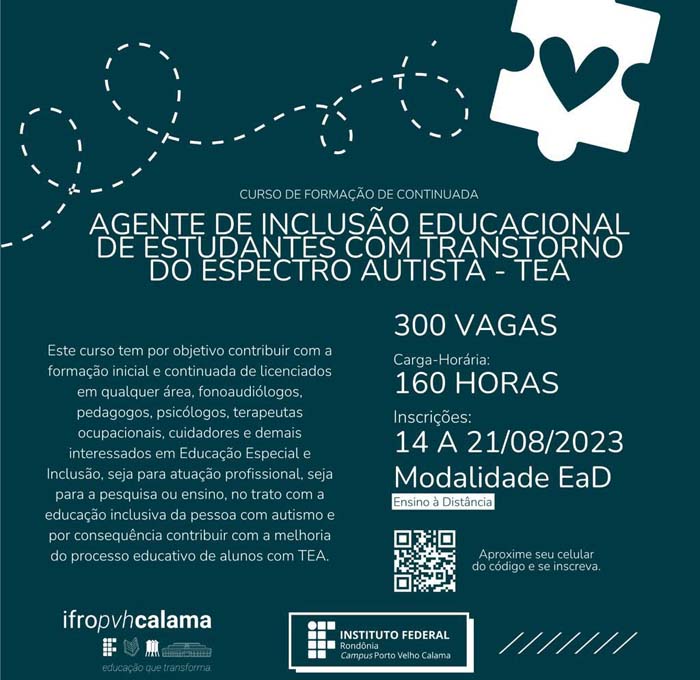 IFRO Calama seleciona candidatos para o Curso Agente de Inclusão Educacional de Estudantes com Transtorno do Espectro Autista (TEA)