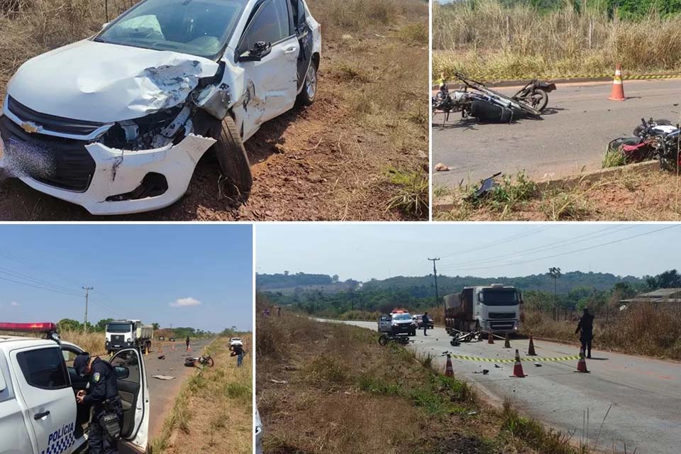 Motos ficam destruídas e ocupantes são socorridos após colisão com carro