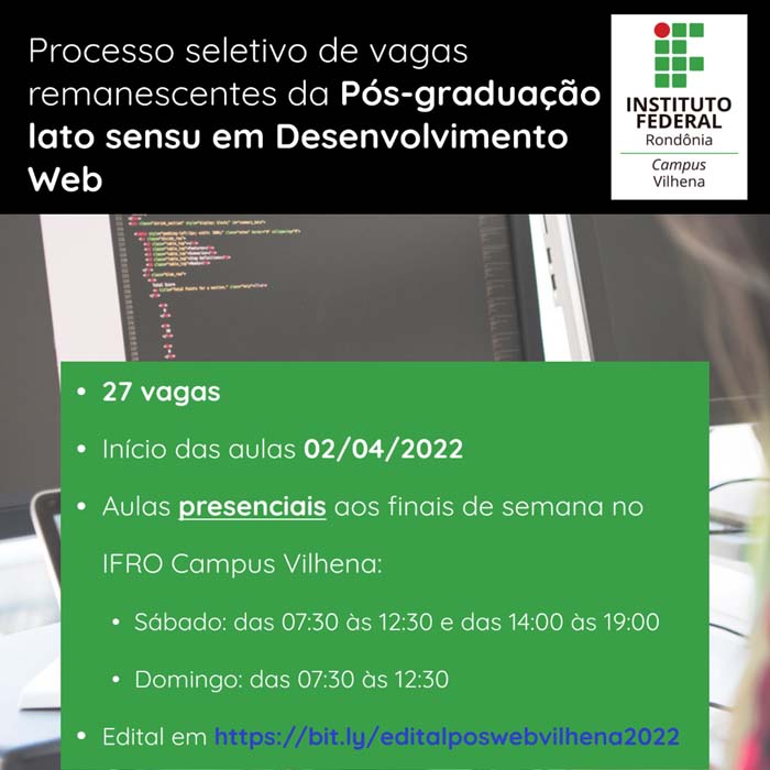 Campus Vilhena oferta vagas remanescentes no curso de Pós-graduação em Desenvolvimento Web