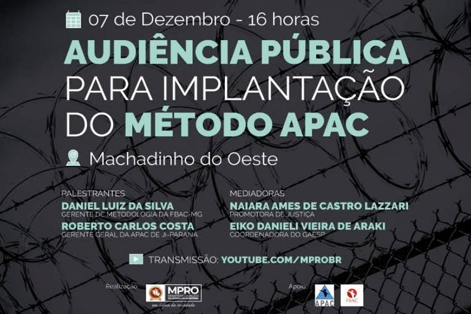 MP promoverá audiência pública virtual para implantação da APAC em Machadinho