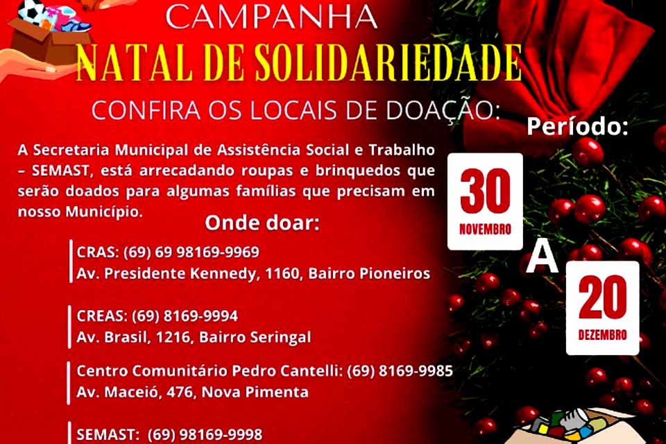 Natal Solidariedade: SEMAST realiza campanha de arrecadação de roupas e brinquedos