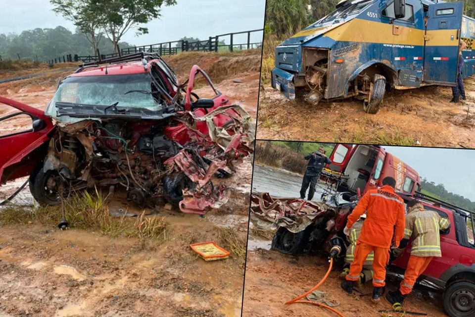 Colisão frontal entre picape e carro forte deixa três feridos na RO-464