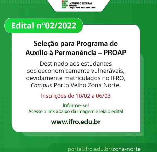 Campus Porto Velho Zona Norte seleciona estudantes para Programa de Auxílio à Permanência (PROAP)