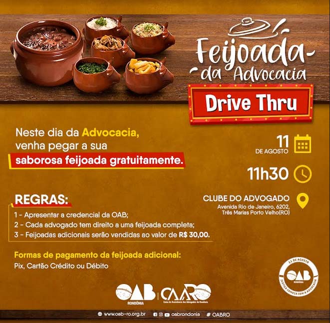 Feijoada “drive thru” em comemoração ao Dia da Advocacia acontece nesta quarta-feira (11)