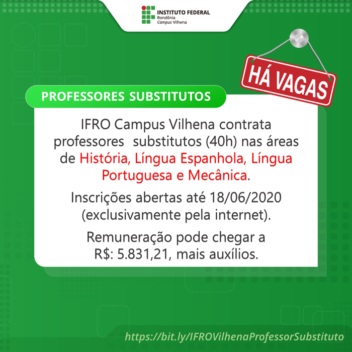 IFRO Campus Vilhena contrata professores substitutos em diversas áreas