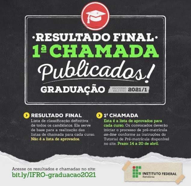 Período de pré-matrícula on-line segue até dia 20 de abril para aprovados em 1ª Chamada no PS 2021/1 dos cursos de graduação do IFRO