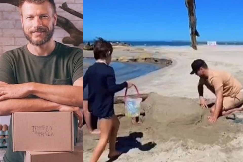 Rodrigo Hilbert viraliza ao construir carro de areia para os filhos na praia