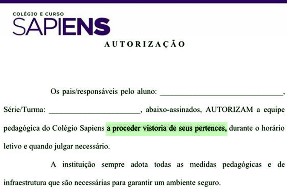 Após ameaça de massacre, Colégio e Curso Sapiens, antigo Objetivo, pede autorização aos pais para “vistoriar pertences” dos alunos