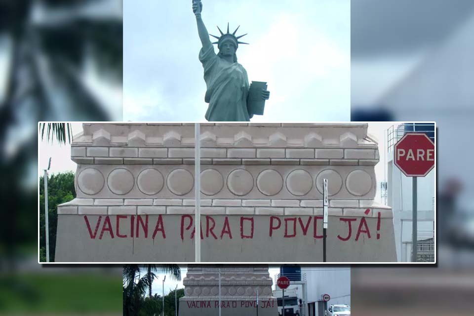 Estátua da Havan, outdoor de Bolsonaro com Marcos Rocha e outros pontos da Capital são pichados: ‘‘Vacina para o povo já!’’