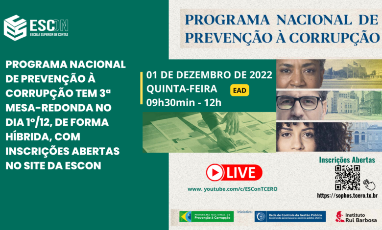 Programa Nacional de Prevenção à Corrupção tem 3ª mesa-redonda no dia 1º/12, de forma híbrida, com inscrições abertas no site da ESCon