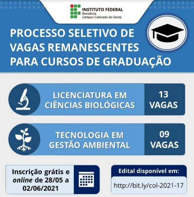 IFRO Campus Colorado do Oeste oferta vagas remanescentes em cursos de graduação