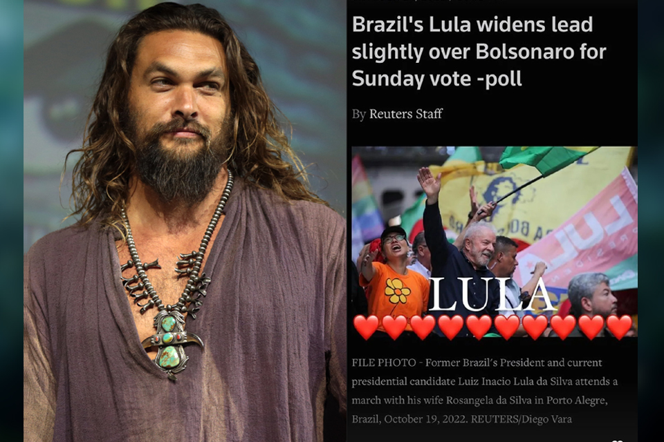 Jason Momoa, o Aquaman, faz publicação de apoio a Lula em rede social