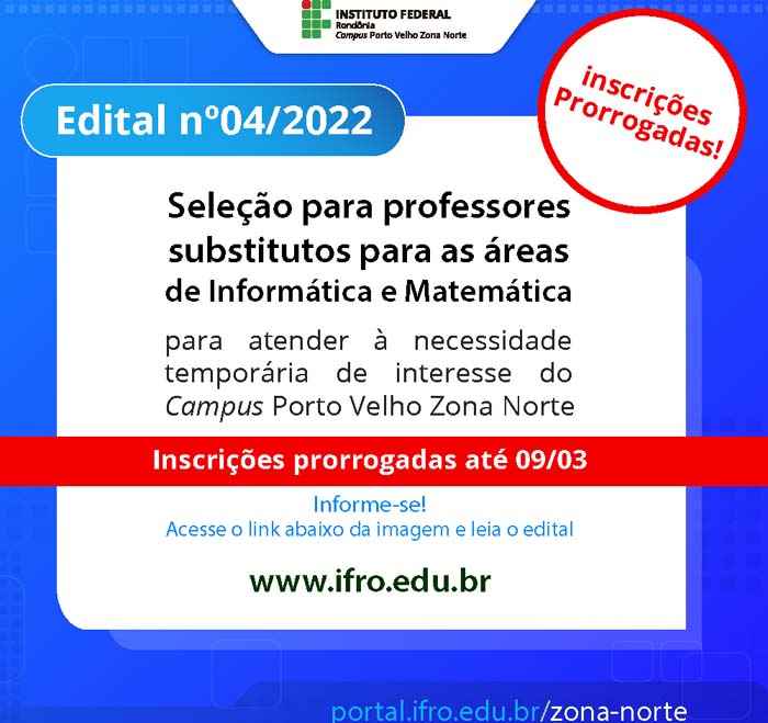 Campus Porto Velho Zona Norte prorroga prazo de seleção para professores de Informática e de Matemática