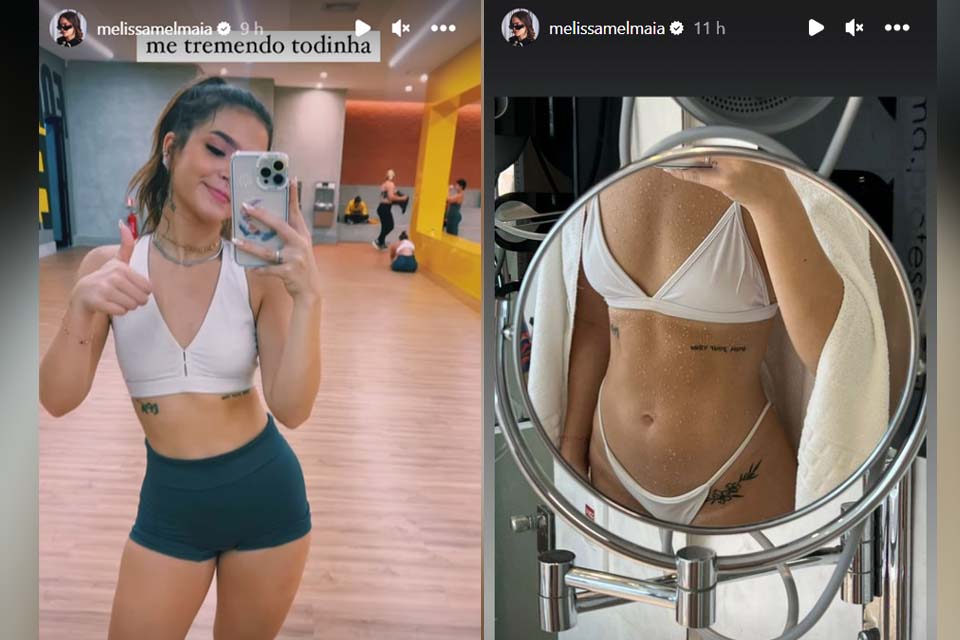 De biquíni branco, Mel Maia exibe tatuagens e corpo sarado