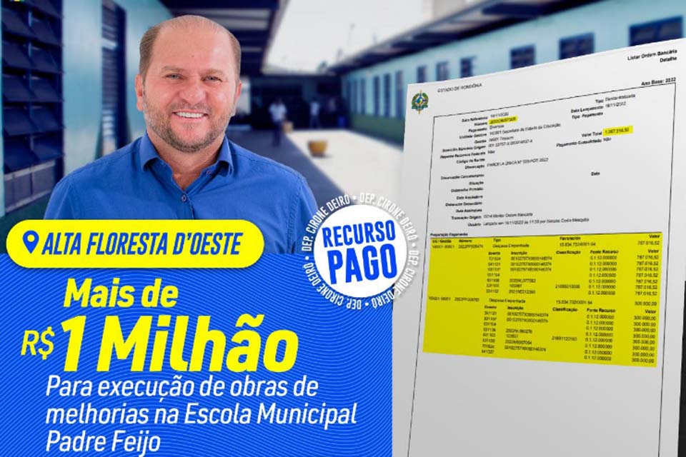 Deputado Cirone Deiró destina recursos para reforma e melhorias na Escola Padre Feijó em Alta Floresta do Oeste