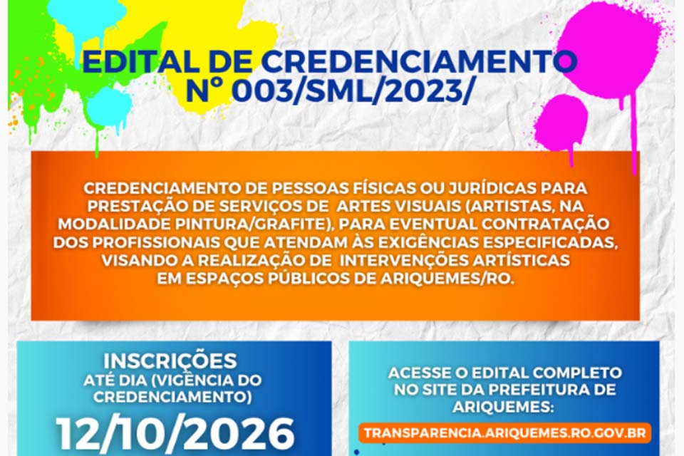 Prefeitura de Ariquemes abre edital para credenciar artistas na modalidade pintura/grafite para prestação de serviços