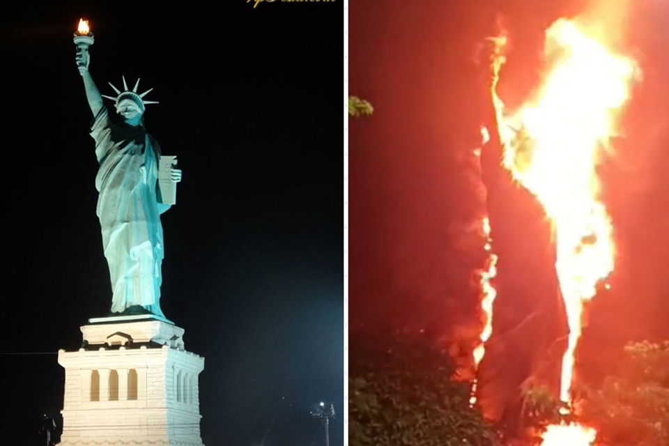 Dupla de moto é vista incendiando Estátua da Liberdade da loja Havan