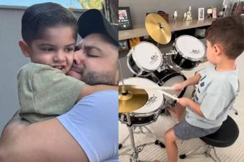 Murilo Huff mostra filho Léo aprendendo a tocar bateria: “Dom da música”